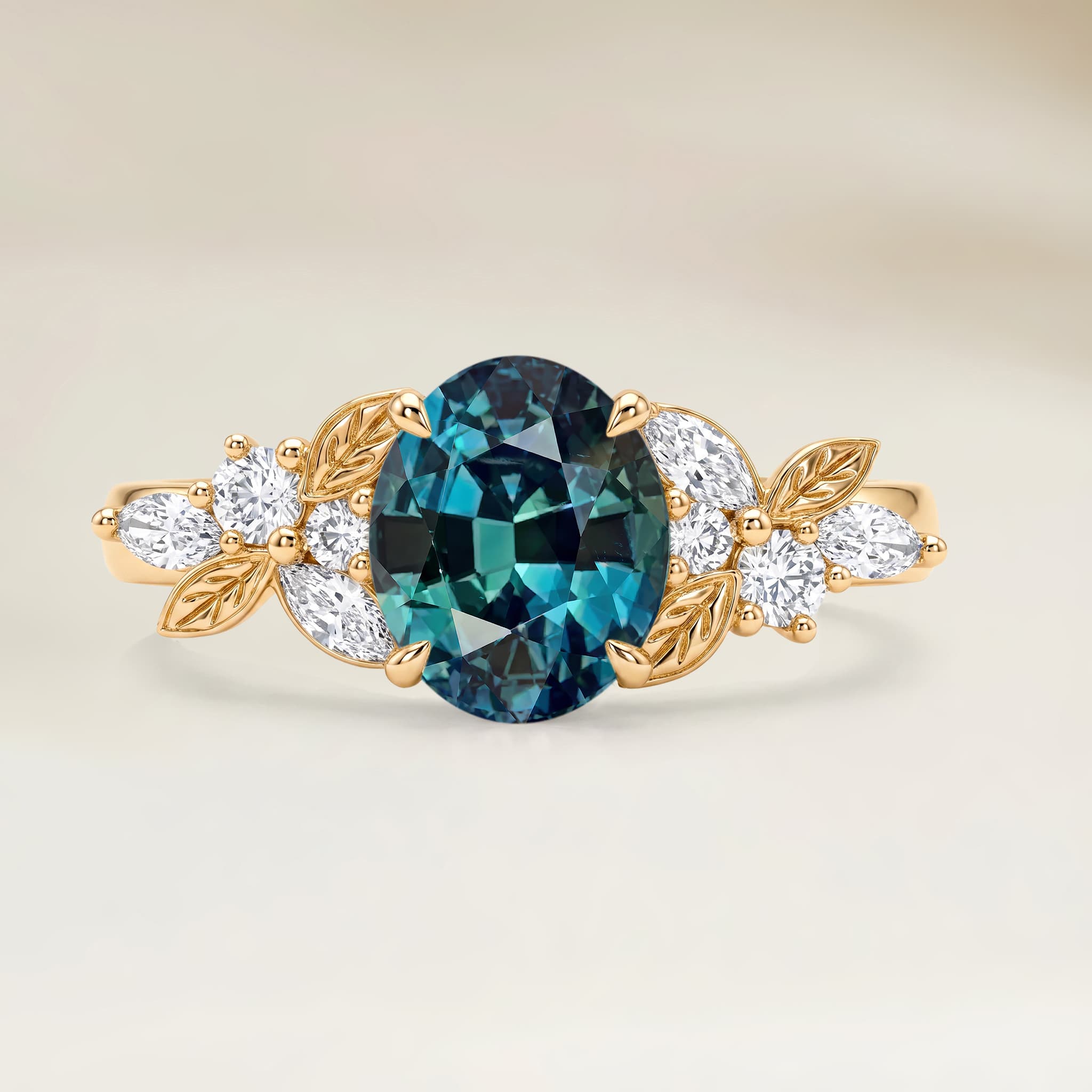 Bague Floral Saphir Teal Ovale de 1,67ct
