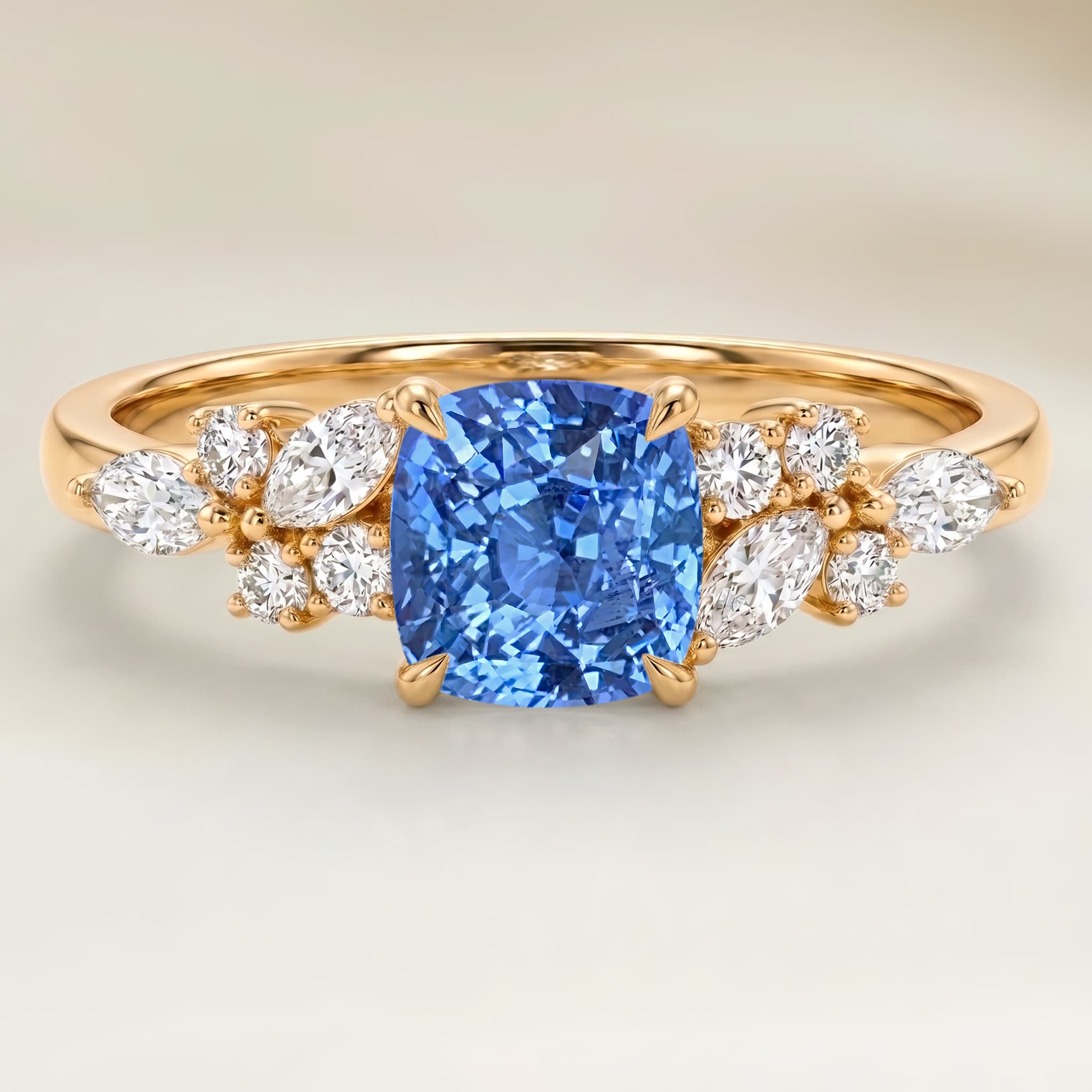 Bague Floral Saphir Bleu Coussin de 2,71ct