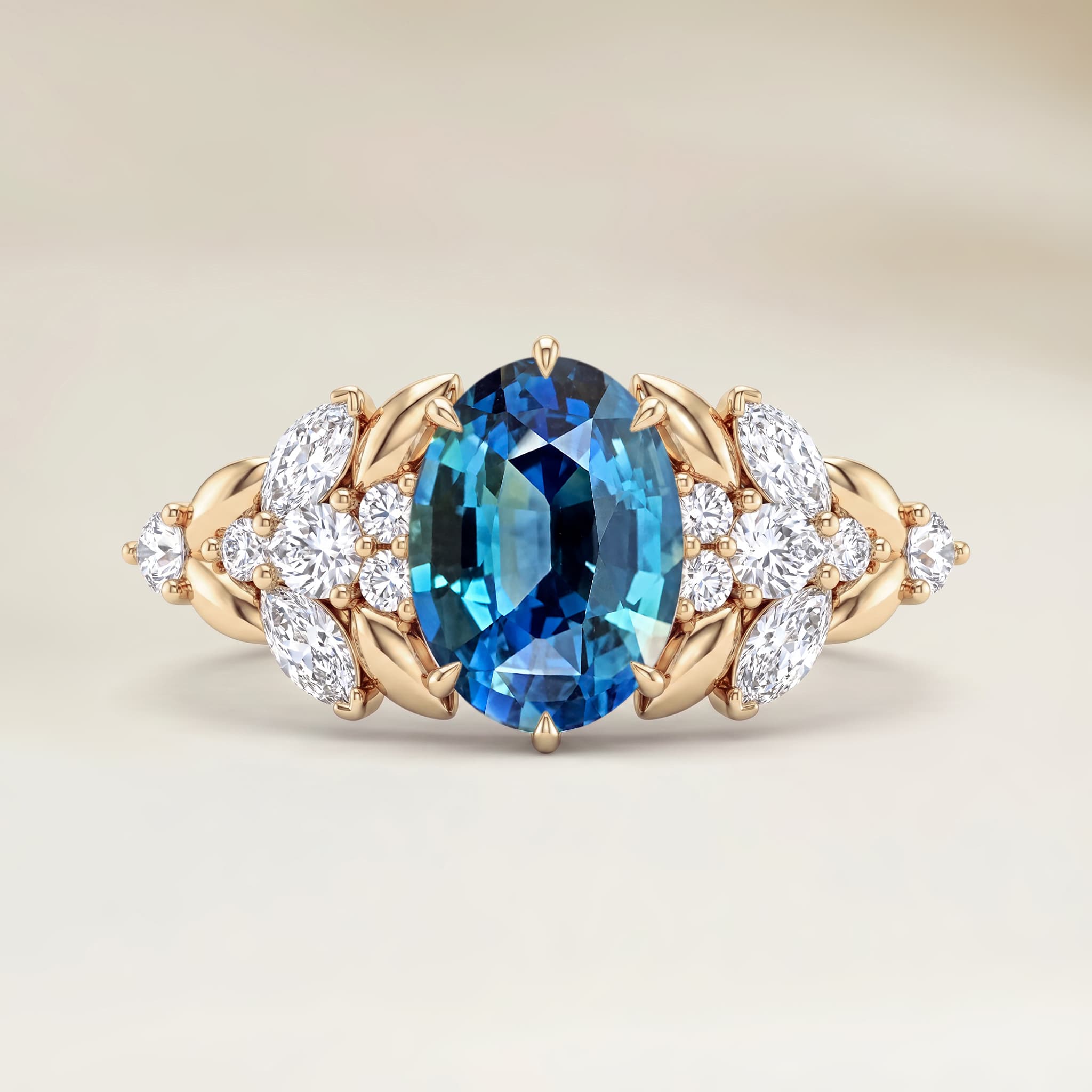 Bague Floral Saphir Teal Ovale de 2,04ct