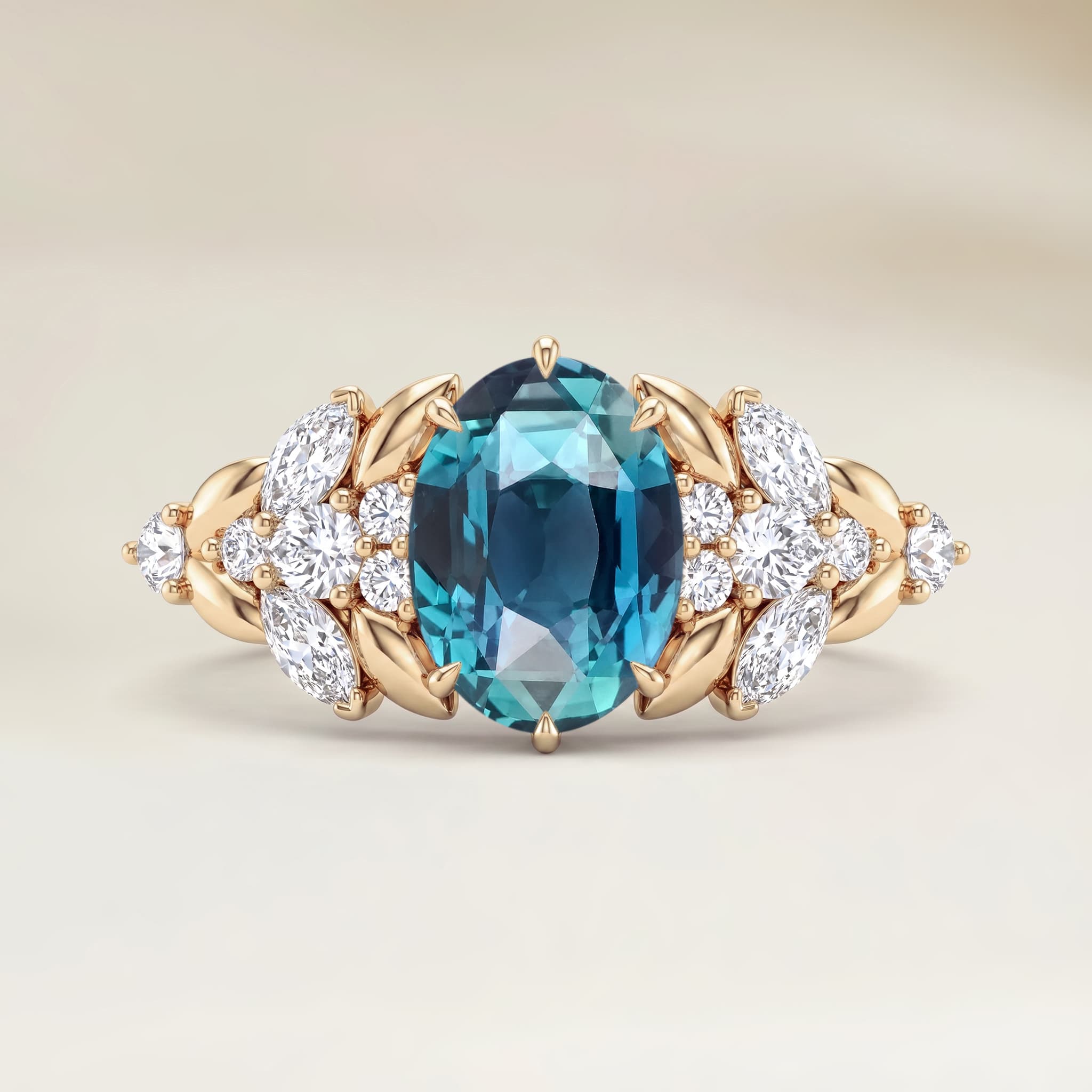 Bague Floral Saphir Teal Ovale de 2,01ct