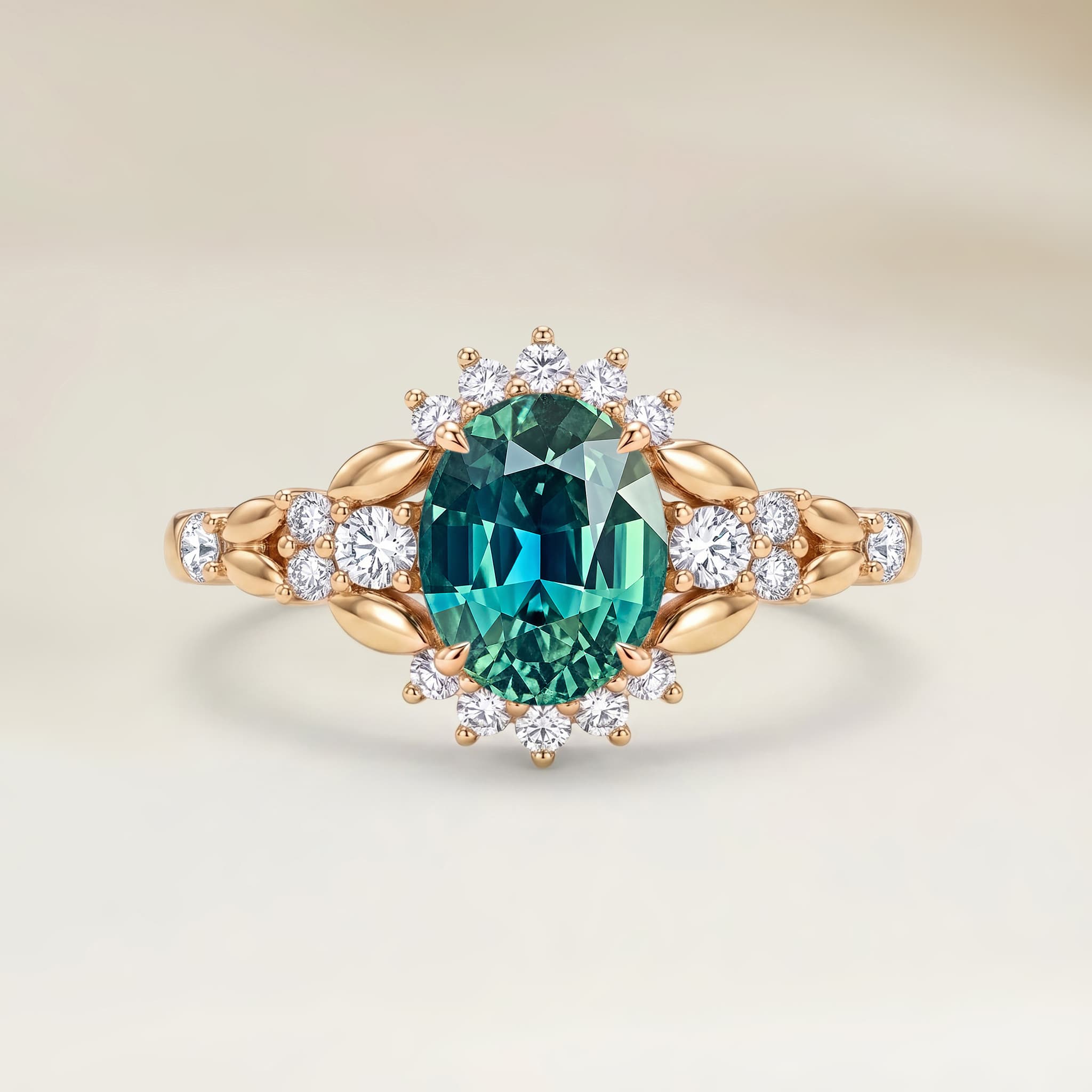 Bague Floral Saphir Teal Ovale de 2,55ct