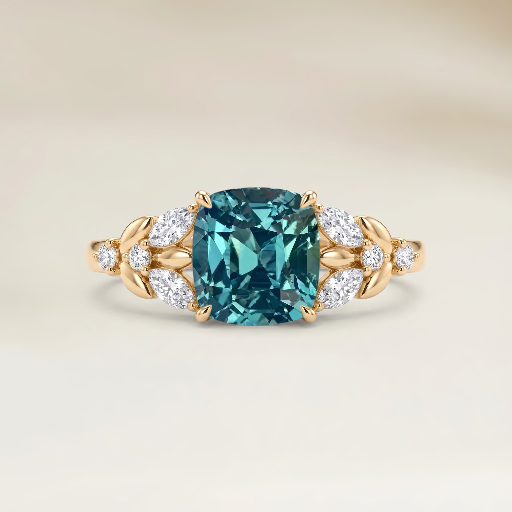 Bague Floral Saphir Teal Coussin de 1,31ct